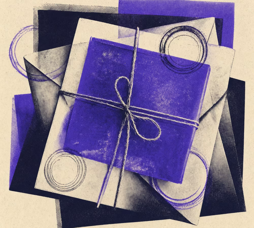 Screenprinted overlapping parcels and stamp rings — sleeve-art motif for the Ikuisuus mail-order distro