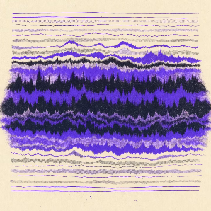 Screenprinted stacked waveform strata — abstract sleeve-art motif (Ikuisuus drone releases)