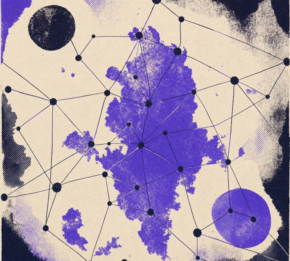 Screenprinted constellation of connected nodes — sleeve-art motif for the Finnish underground network