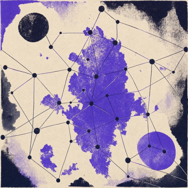 Screenprinted constellation of connected nodes — sleeve-art motif for the Finnish underground network